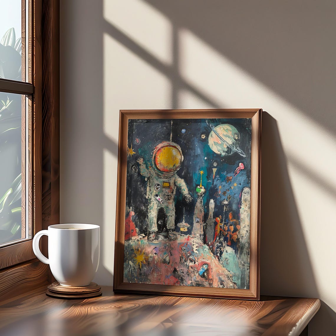 Astronaut On Alien Moon Expressionist Space Painting Colorful Poster