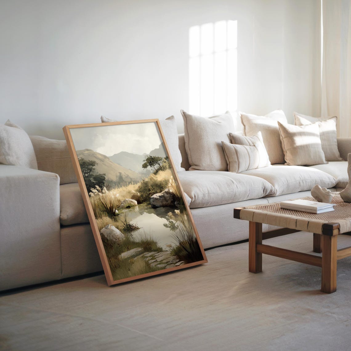 Misty Mountain Stream Landscape Soft Neutral Meadow Water Poster