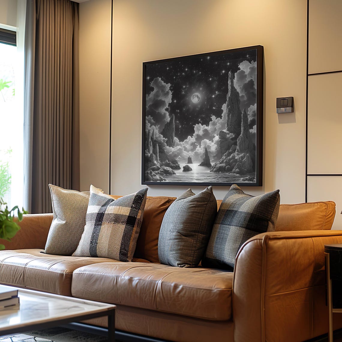 Surrealistic Full Moon Night Poster Airbrush Ink Drawing Detailed Monochrome Art Maximalist Style Wall Decor Cosmic Sky
