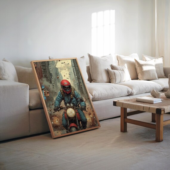 Motorcycle Rider City Street Comic Style Cinematic Art Print