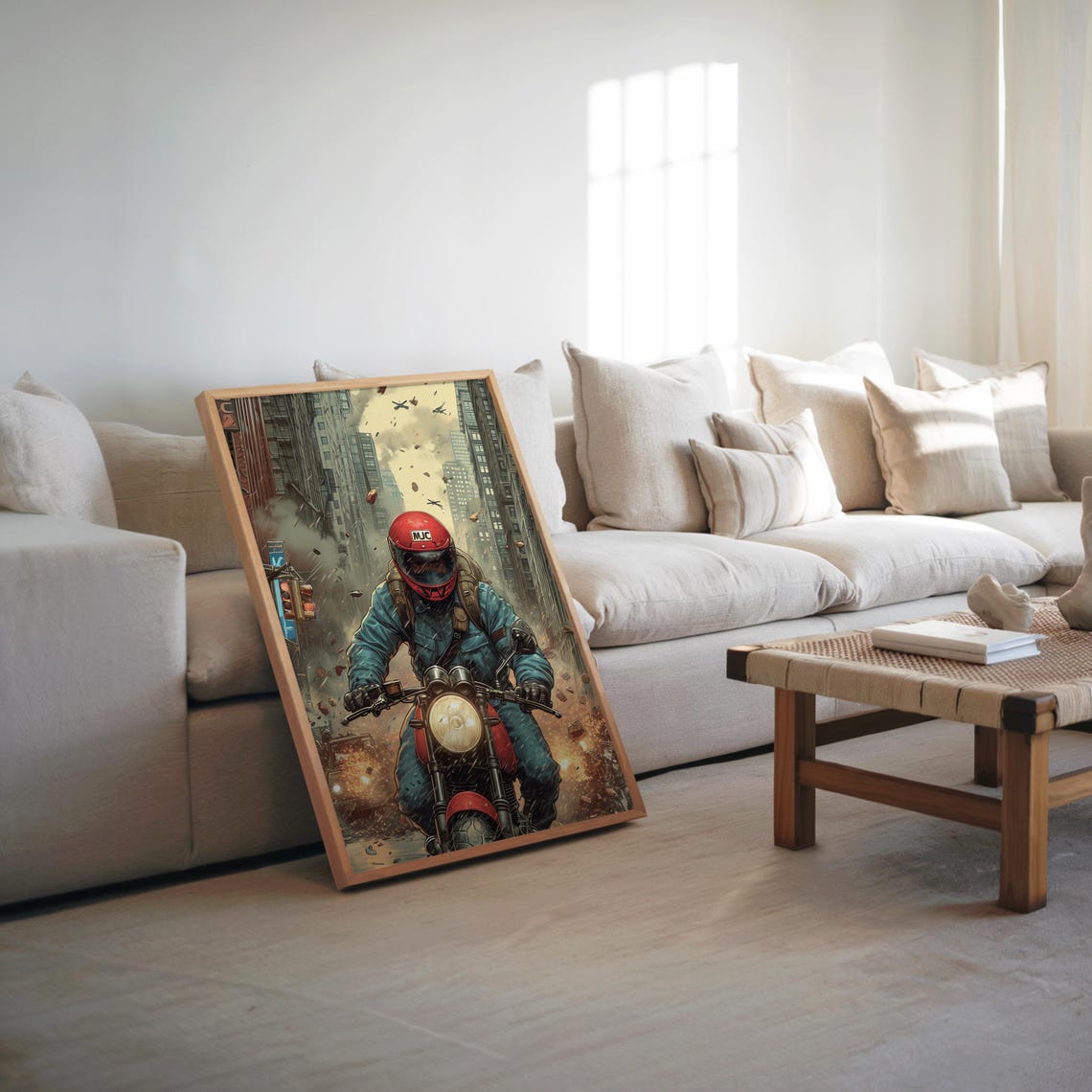 Motorcycle Rider City Street Comic Style Cinematic Art Print
