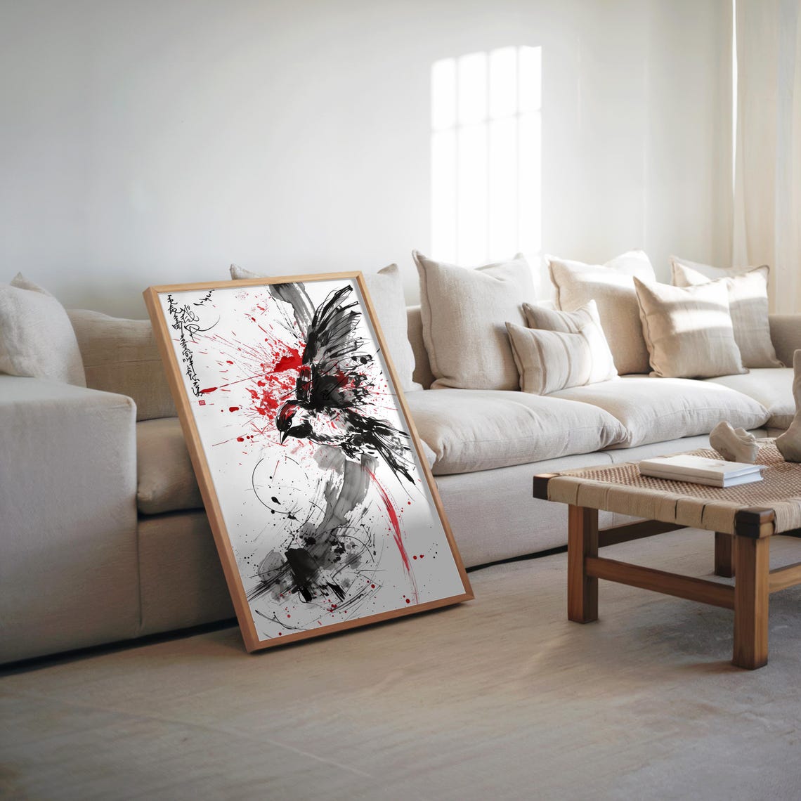 Abstract Bird Sumi Ink Drawing Red Black Japanese Minimalist Poster