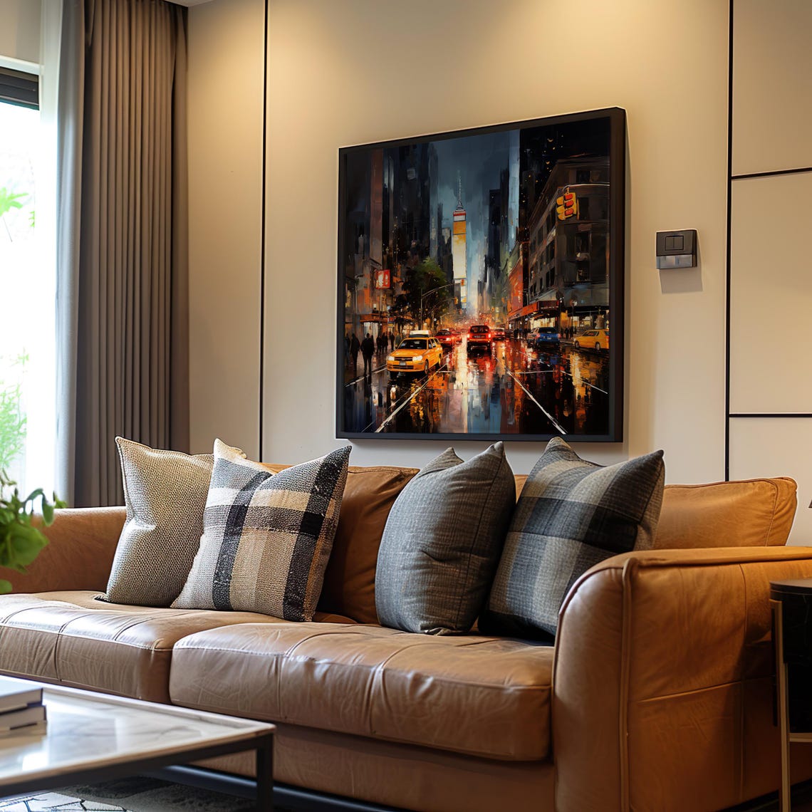 Impressionist Night City Street Poster Photorealistic Art Oil Acrylic Painting Warm Vibrant Tones Urban Scene Cars People