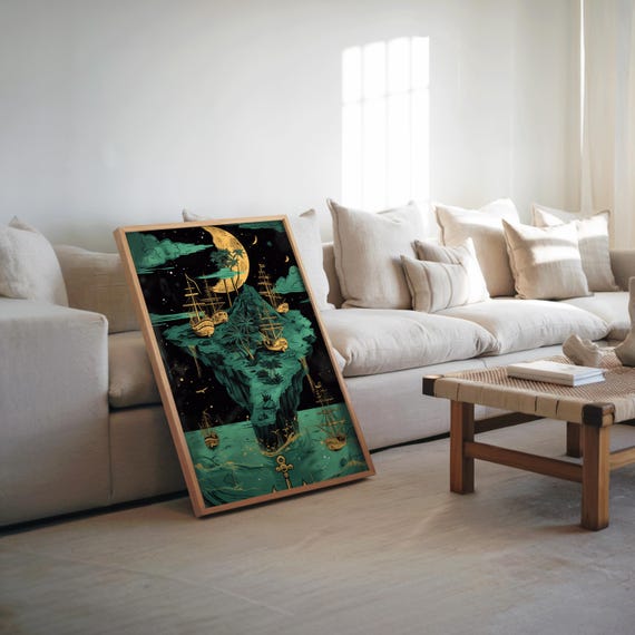 Midcentury Modern Maximalist Island Ship Moon Poster Vibrant Cool Tones High Vibe Art 11590 Retro Fut