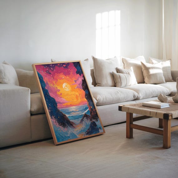Psychedelic Sunset Water Poster Vibrant Maximalist Artwork Dreamy Pastel Oil Painting Detailed Wall Decor Abstract Art