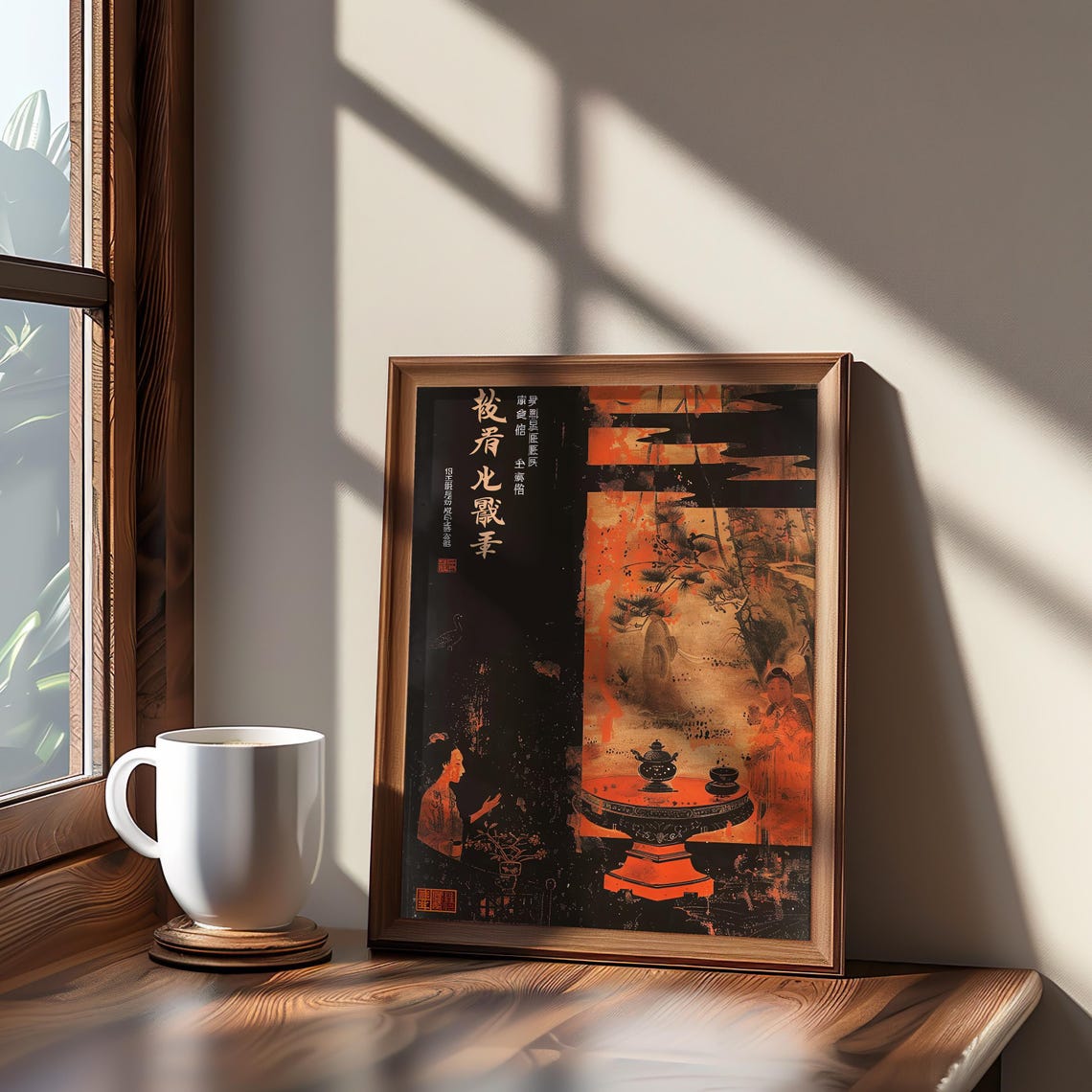 Chinese Calligraphy Tea Gathering Ink Art Figures Monochrome Poster