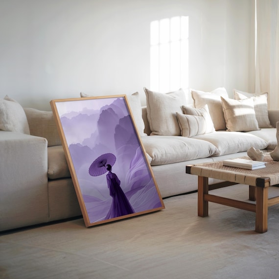 Woman With Umbrella Misty Purple Mountain Dreamy Landscape Poster