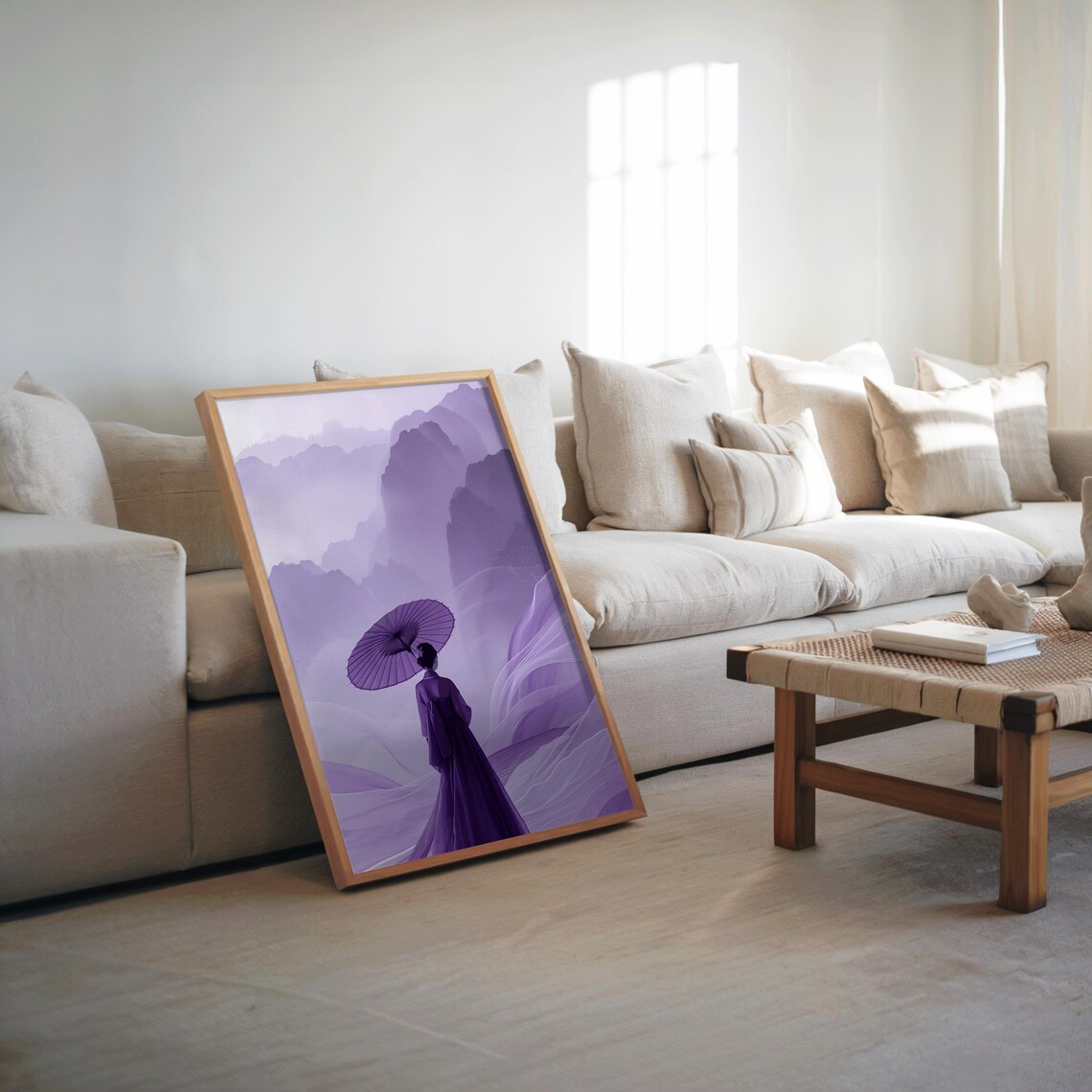 Woman With Umbrella Misty Purple Mountain Dreamy Landscape Poster