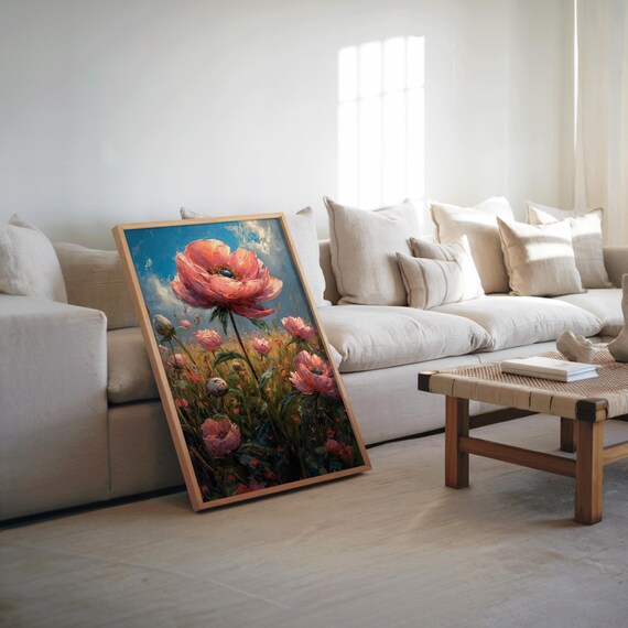 Pink Poppy Field Impressionist Dreamy Floral Landscape Wall Art