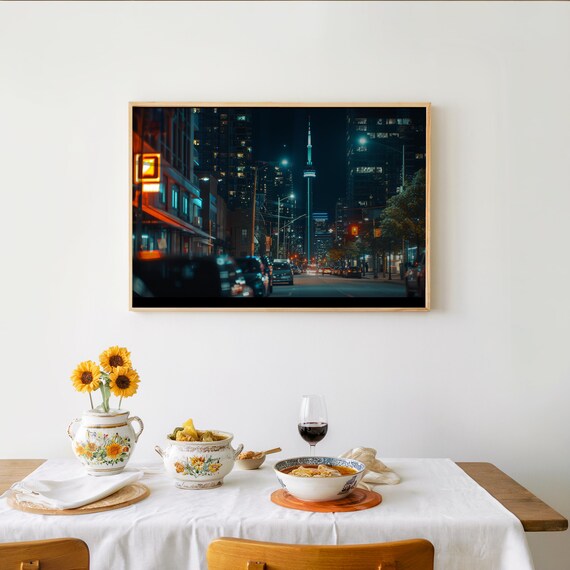 Toronto Night Cityscape CN Tower Neon Street Photograph Poster