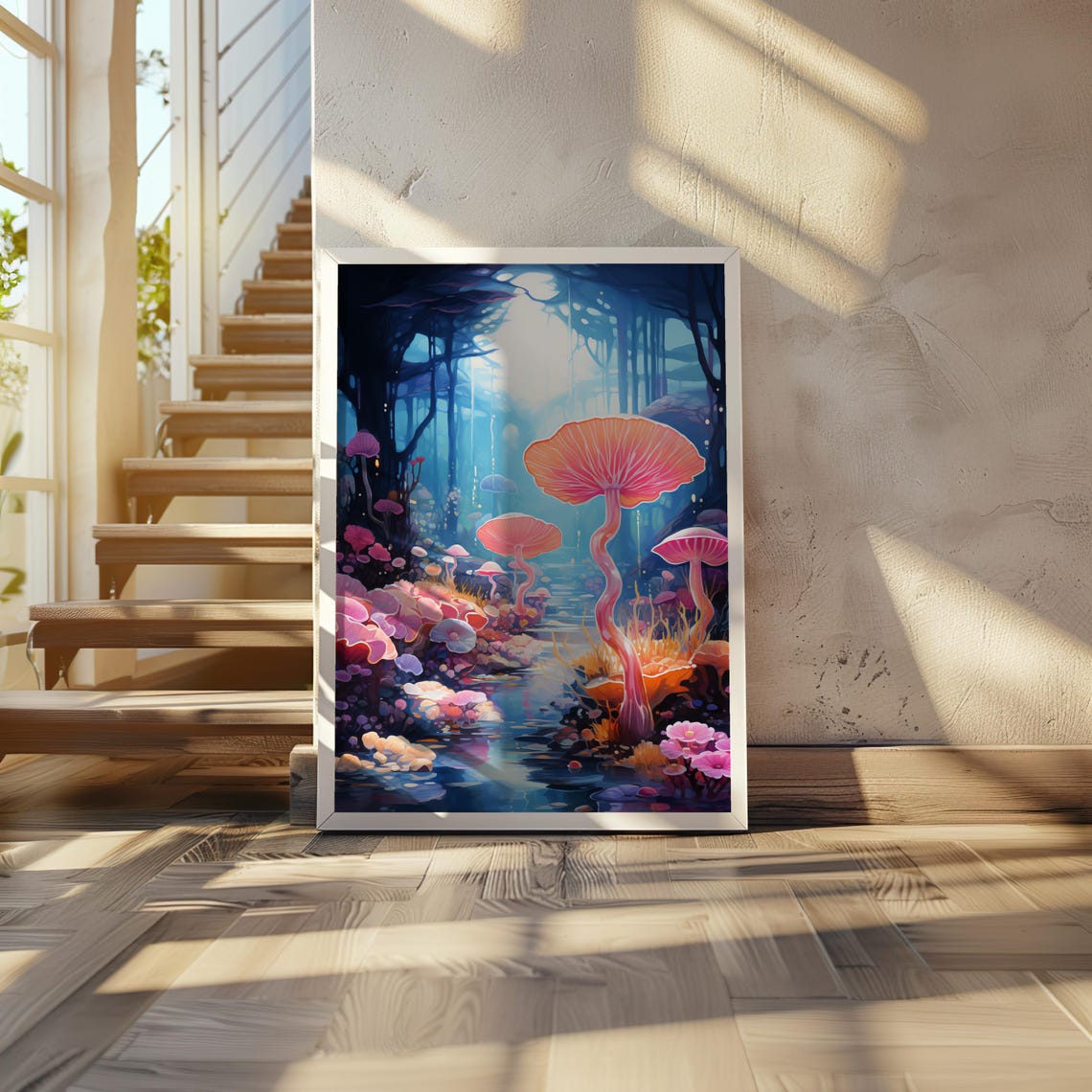 Psychedelic Mushroom Forest Dreamy Pink Fungi Fantasy Art Poster