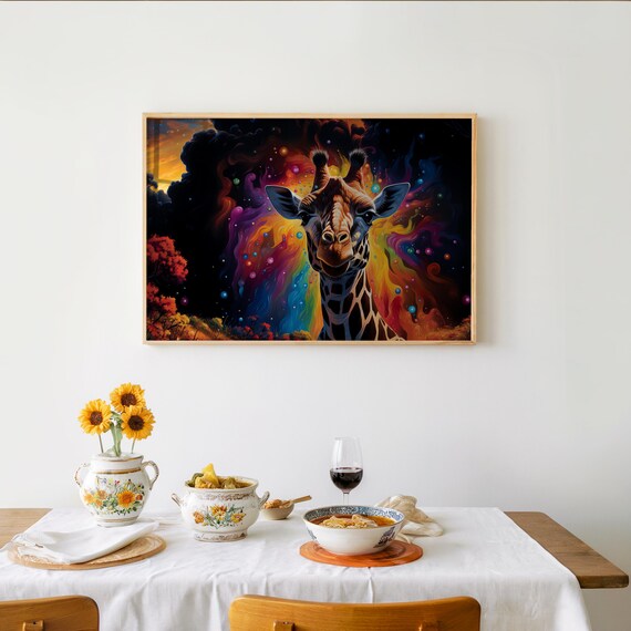 Psychedelic Giraffe Field Poster Vibrant Colors Neon Vibe Detailed Glow Effect Medium Airbrush Oil Painting Style Wall Art Decor