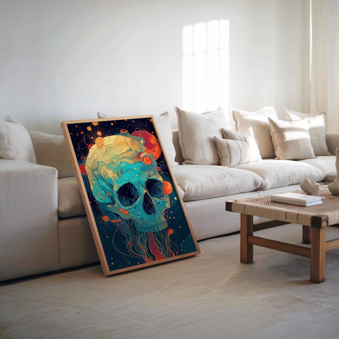Psychedelic Skull Water Poster Vibrant Color Art Dreamy Vector Illustration Maximalist Style Cool Tones High Detail