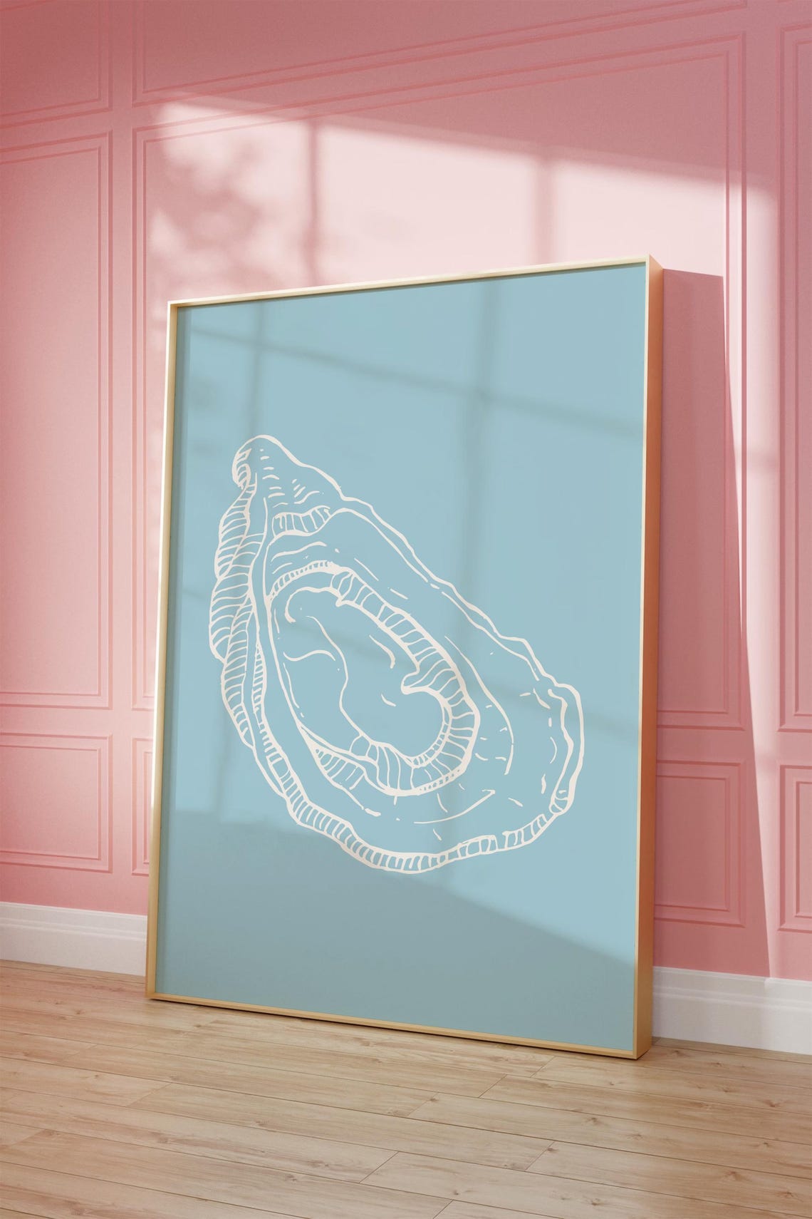 Blue Oyster Shell Minimal White Line Art Coastal Decor Poster - Image 3