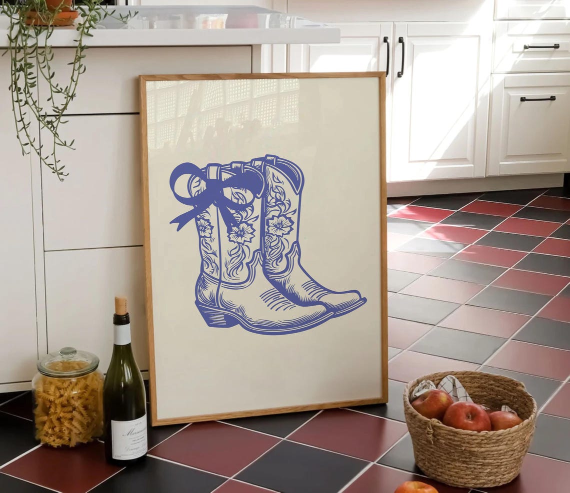 Navy Blue Cowgirl Boots With Bow Detailed Western Line Art Poster - Image 2