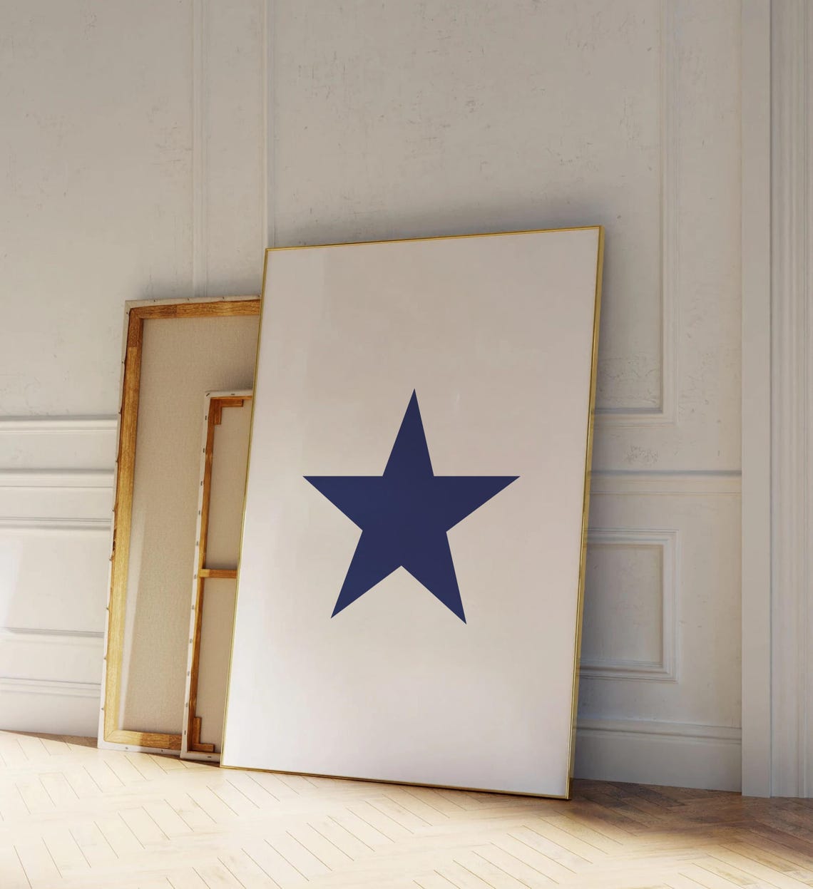 Navy Blue Star on White Minimalist Modern Decor Statement Wall Art - Image 2