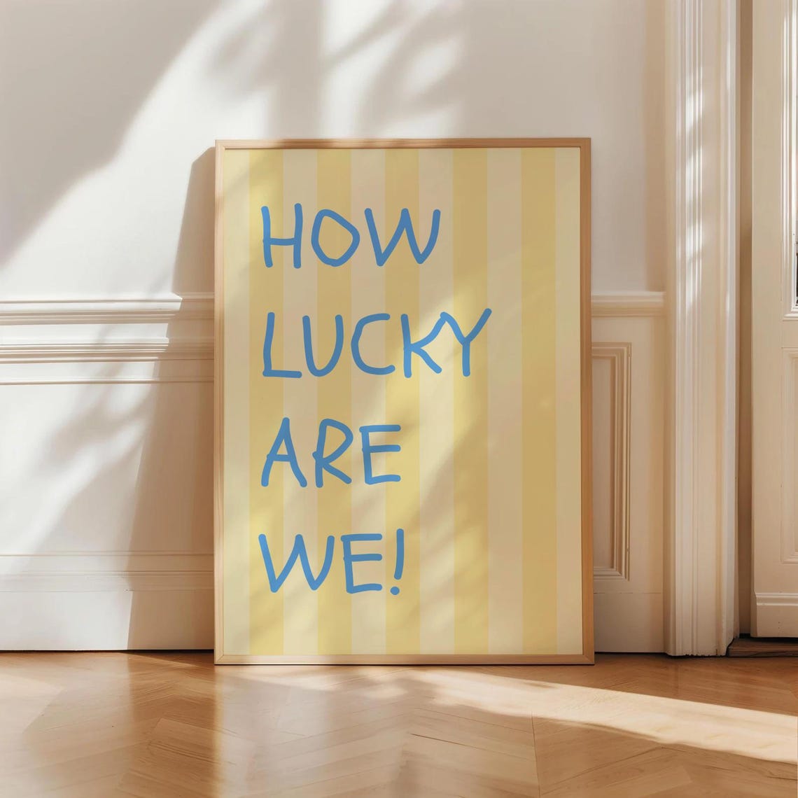 How Lucky Are We Yellow Gingham Blue Hand Lettered Quote Poster