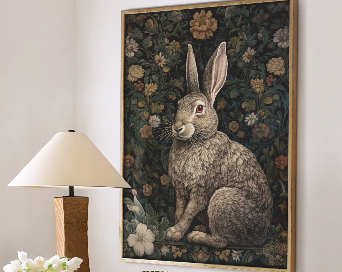 William Morris Inspired White Rabbit Art Print