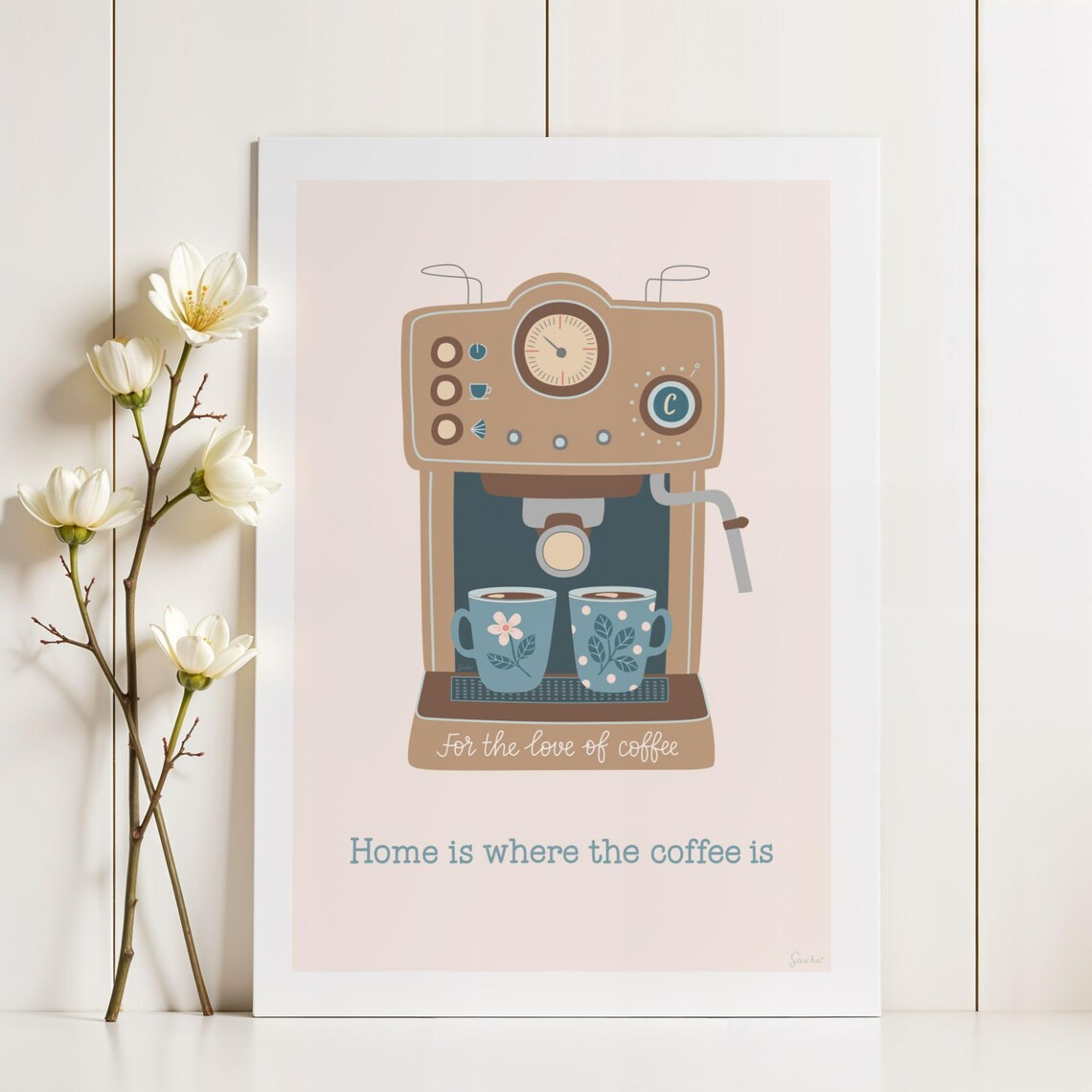 Coffee Poster, Retro Coffee Machine Kitchen Art