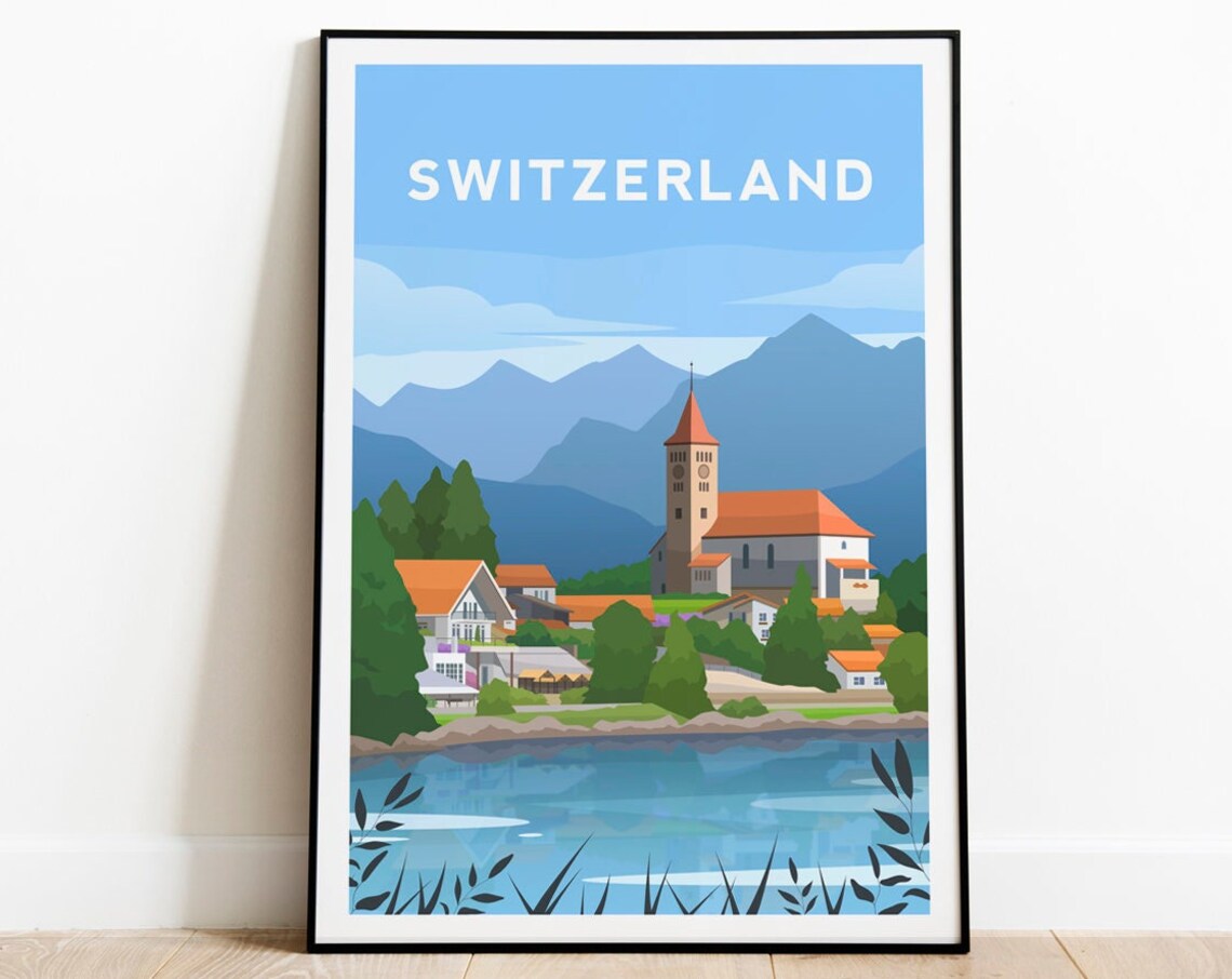 Switzerland Alpine Lakeside Village and Church Travel Poster