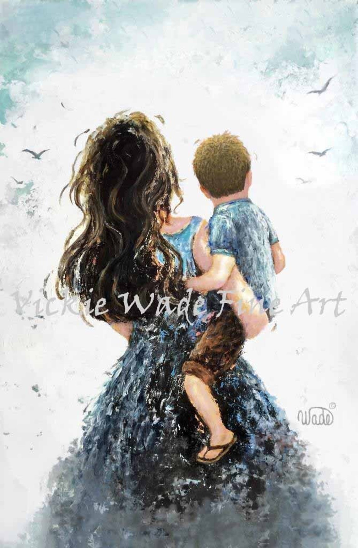 Mother Carrying Little Son on Her Hip by the Seaside Art Poster