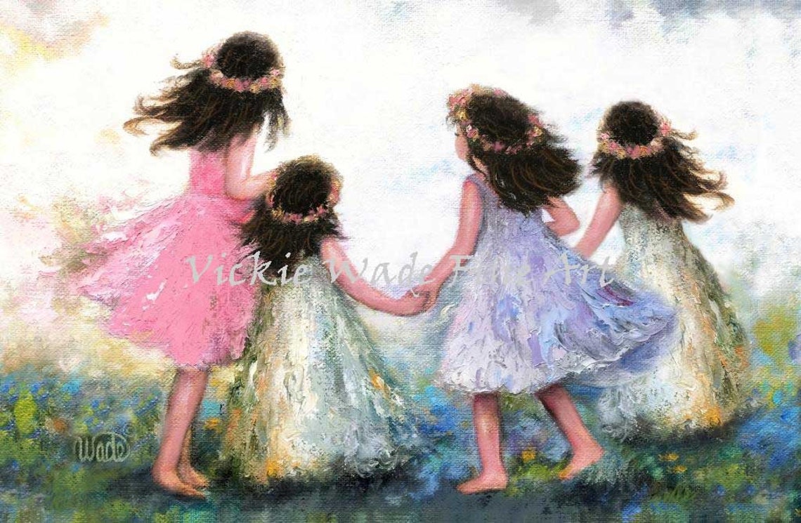 Four Sisters Art Print Four Brunette Girls Four Blonde Girls Ring Around The Rosy Pocket Full Of Posies Vickie Wade Art