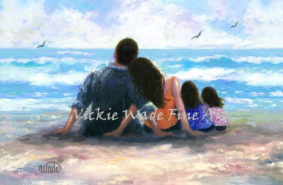 Family of Four Sitting Together Watching Turquoise Ocean Waves Poster