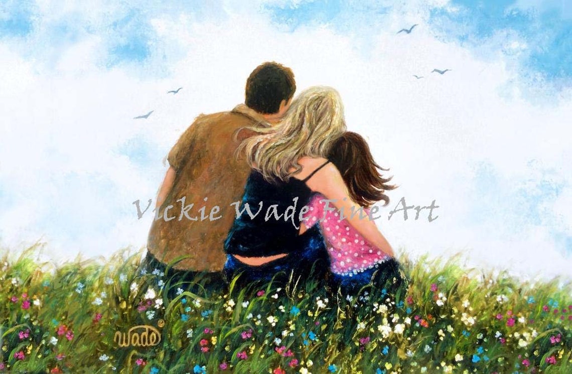 Parents Hugging Daughter in Wildflower Meadow Blue Sky Poster