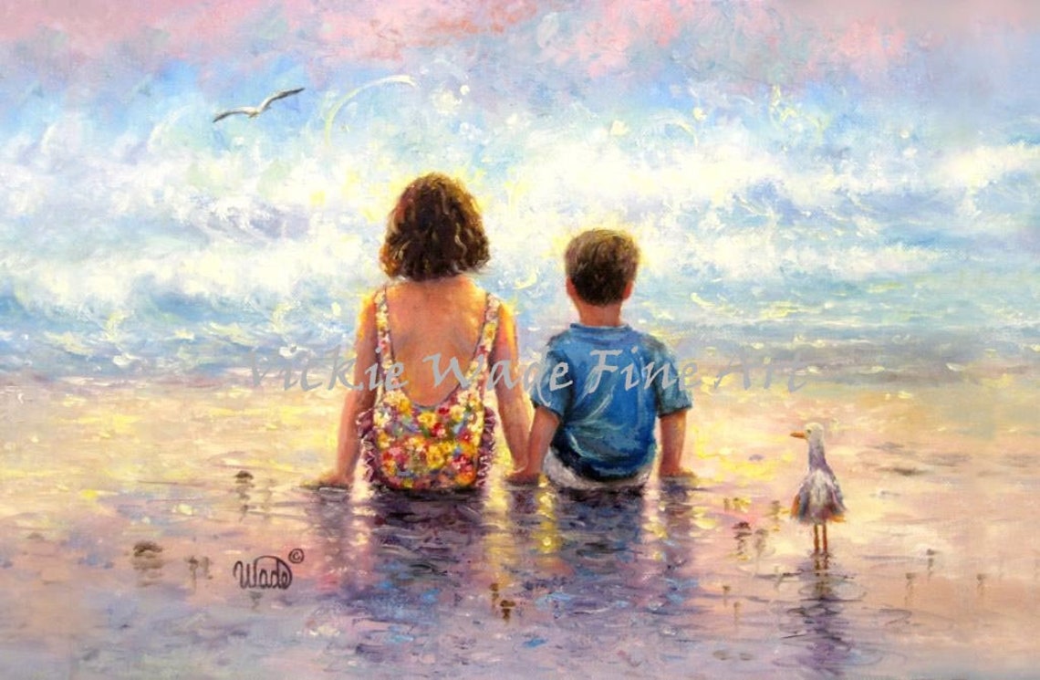 Brother And Sister Watching Ocean Waves On The Beach Art Poster