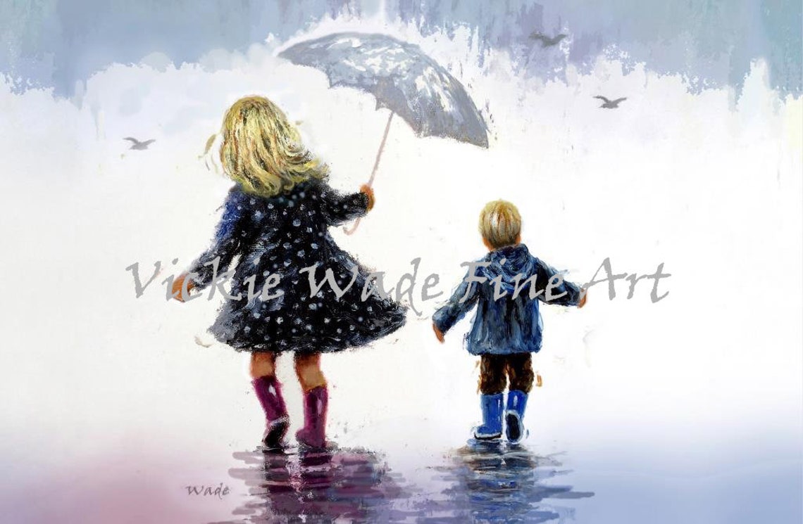 Big Sister Sheltering Little Brother Under an Umbrella in Rain Poster