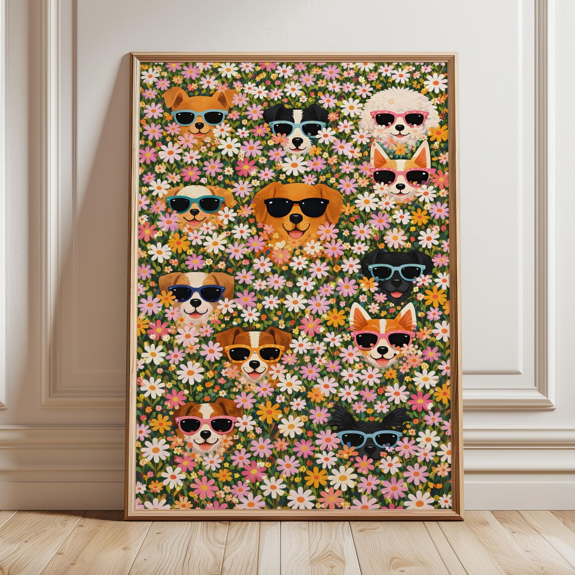 Colorful Dogs Daisy Meadow Poster, Funny Pop Art
