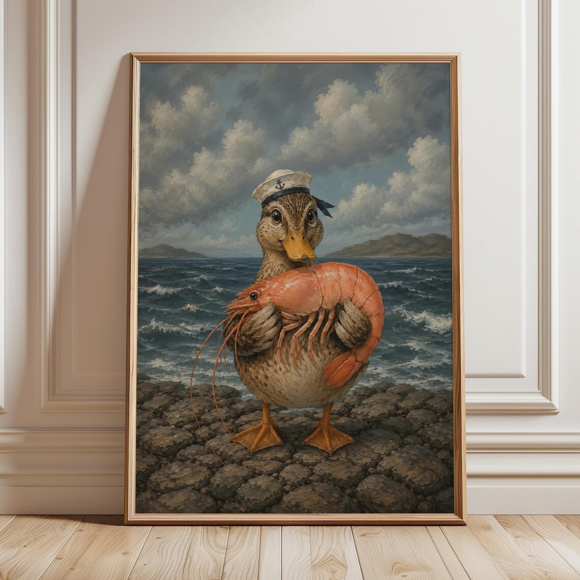 Sailor Duck Hugging Giant Shrimp Whimsical Coastal Animal Poster