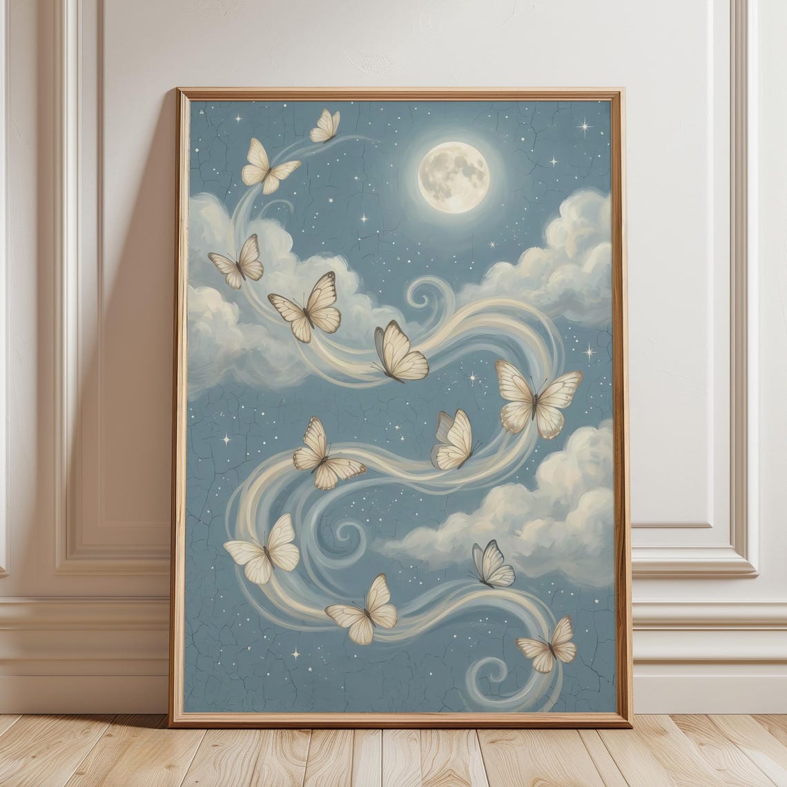White Butterflies Moonlit Clouds Dreamy Nursery Celestial Poster
