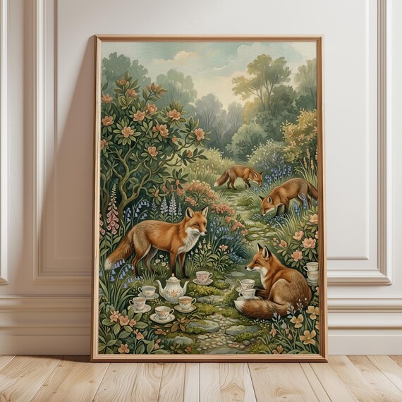 Fox Tea Party Art Print Whimsical Woodland Nursery Decor Cottagecore Wall Forest Animal Illustration Vintage Style Wildlife Painting