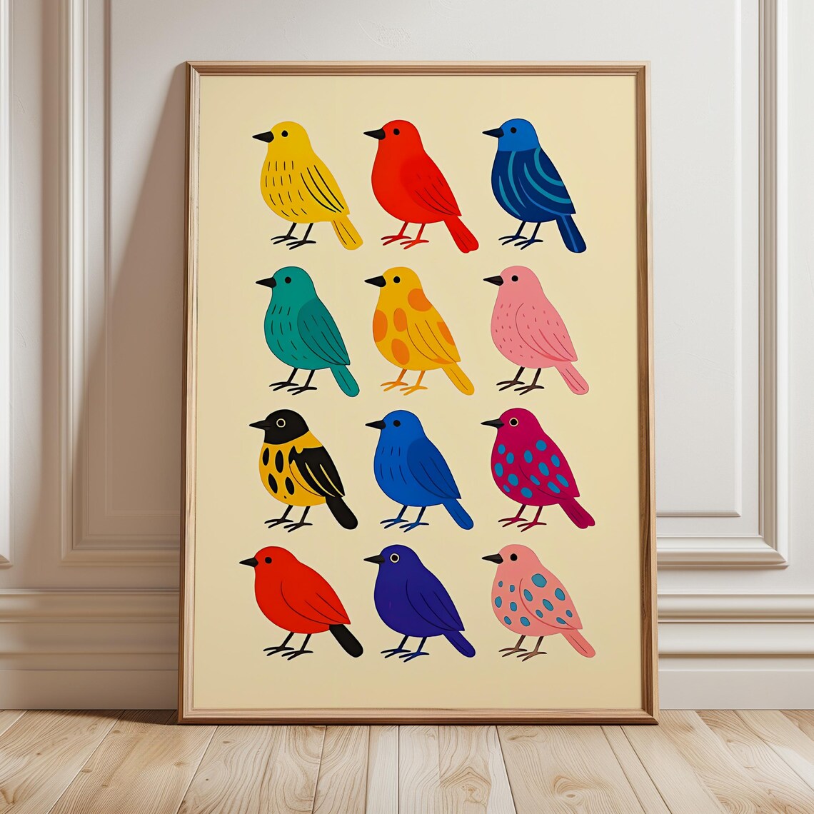 Twelve Colorful Cartoon Birds Grid Playful Feathered Friends Poster