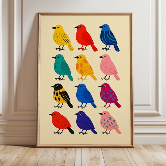 Colorful Bird Art Printable Baby Room Animal Illustration Decor Whimsical Kids Playroom Poster Gender Neutral Nursery Digital Download