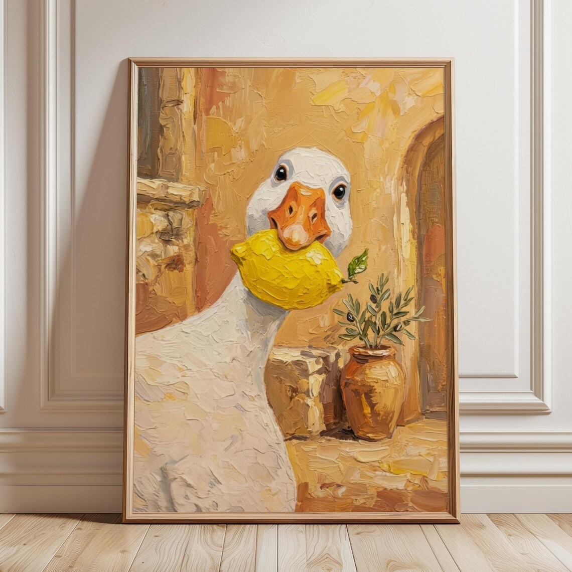 Funny Goose With Lemon Italian Kitchen Vintage Impasto Oil Painting Wall Art