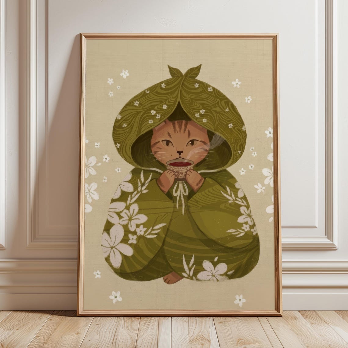 Japanese Cat Art Print Tabby Drinking Tea Illustration Vintage Woodblock Whimsical Cozy Cottagecore Poster Matcha Kitchen Wall Decor