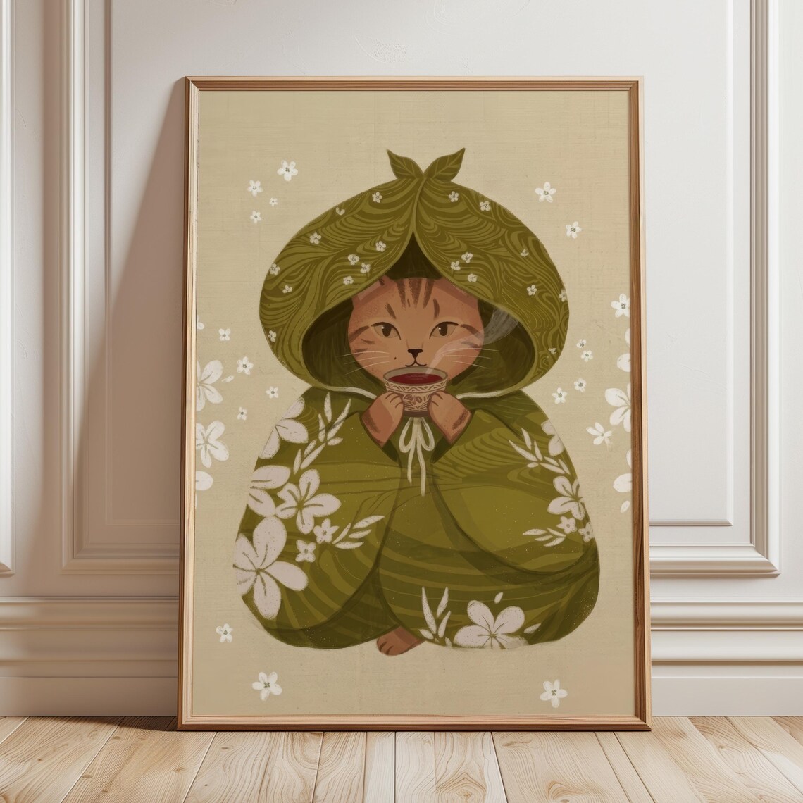 Japanese Tabby Cat in Kimono Drinking Tea Vintage Floral Woodblock Wall Art