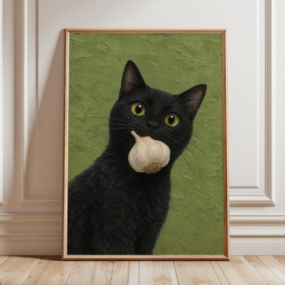 Black Cat Garlic Kitchen Wall Art Print Moody Whimsical Animal Decor For Dining Room Funny Chef Poster Cooking Gift Digital Download
