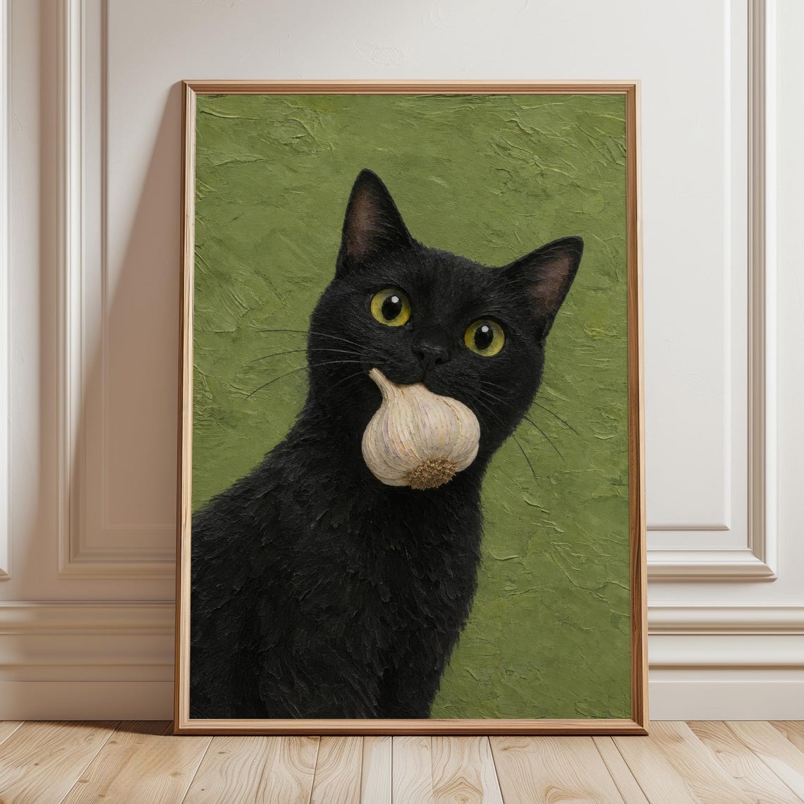 Black Cat Garlic Kitchen Wall Art Print Moody Whimsical Animal Decor For Dining Room Funny Chef Poster Cooking Gift Digital Download