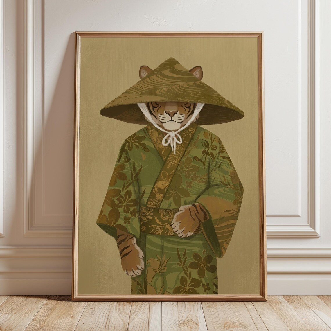 Japanese Tiger in Kimono and Straw Hat Moody Boho Wild Animal Japandi Wall Art