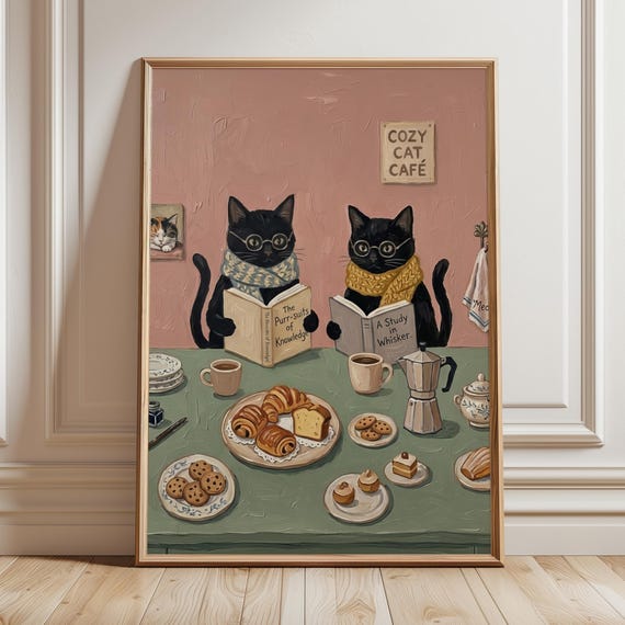Funny Black Cat Art Print Reading Book Poster Cozy Cafe Whimsical Painting Maximalist Bookish Dopamine Decor Coffee Shop