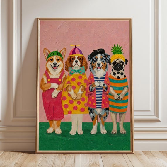 Funny Colorful Dogs Wall Art Bright Animal Painting For Kids Playroom Funky Maximalist Nursery Decor Bold Fashionable Dog With Hat Print