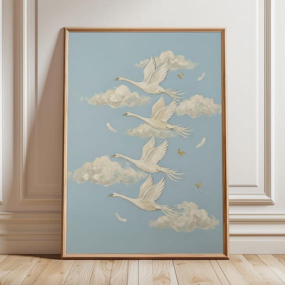 Blue Sky Swan Art Print Vintage Flying Swans Poster Cottagecore Bird Artwork Neutral Nature Wall Decor Elegant Cloud Storybook Nursery