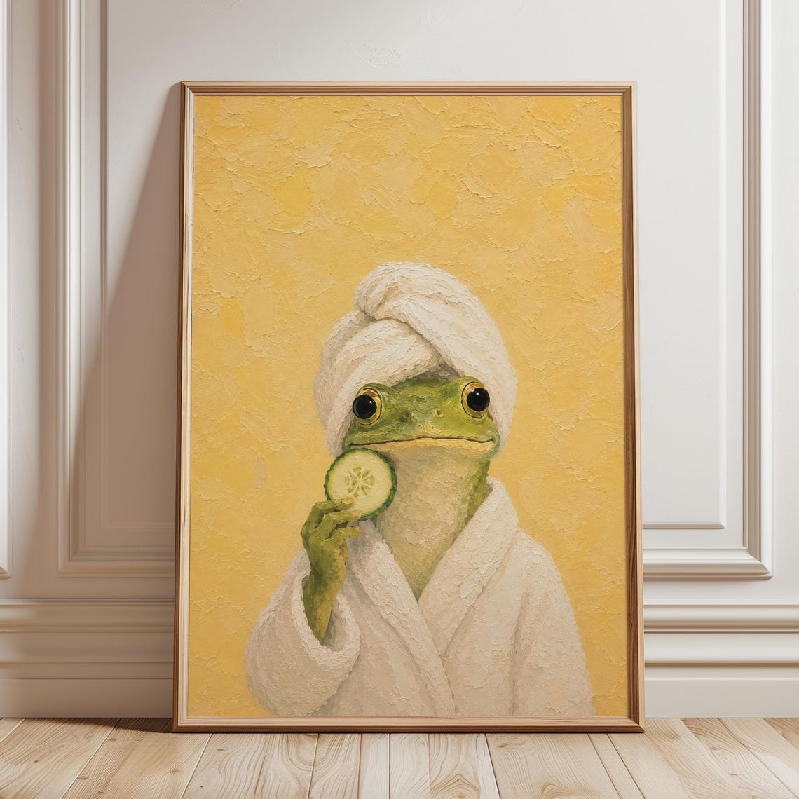Funny Frog in Bathrobe Spa Day Cucumber Slice Cute Animal Poster