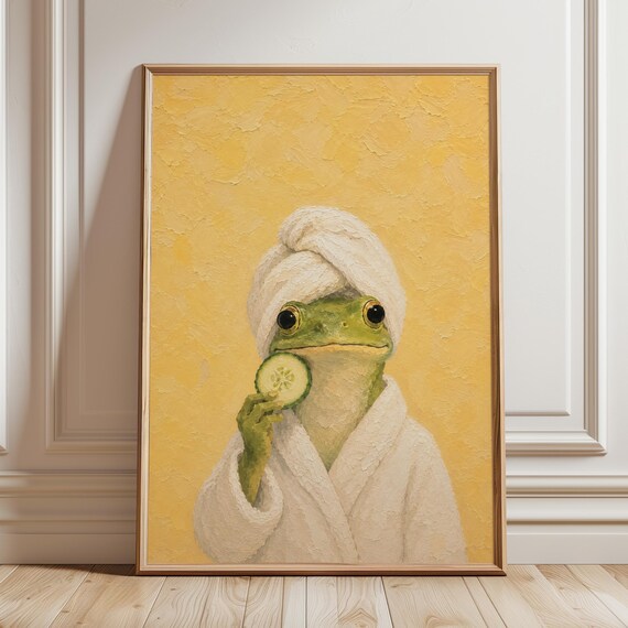 Funny Frog in Bathrobe Spa Day Cucumber Slice Cute Animal Poster