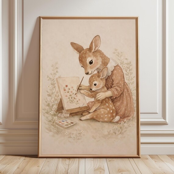 Deer Mother and Fawn Painting Art Woodland Nursery Gift Poster