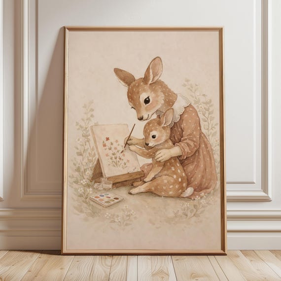 Woodland Deer Nursery Print Cottagecore Fawn Doe Wall Art Storybook Forest Animal Decor Whimsical Baby Room Poster Digital Download