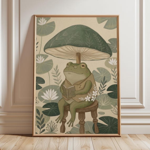 Frog Reading Book Art Print Cottagecore Mushroom Decor Cute Anthropomorphic Animal Poster Whimsical Literary Gift For Cozy Nature Nursery